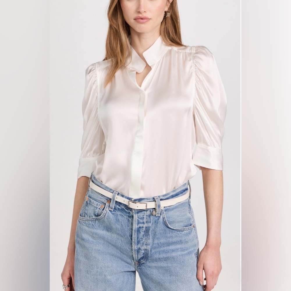 Frame Gillian Silk Ivory Satin Puff-Sleeve Blouse Small